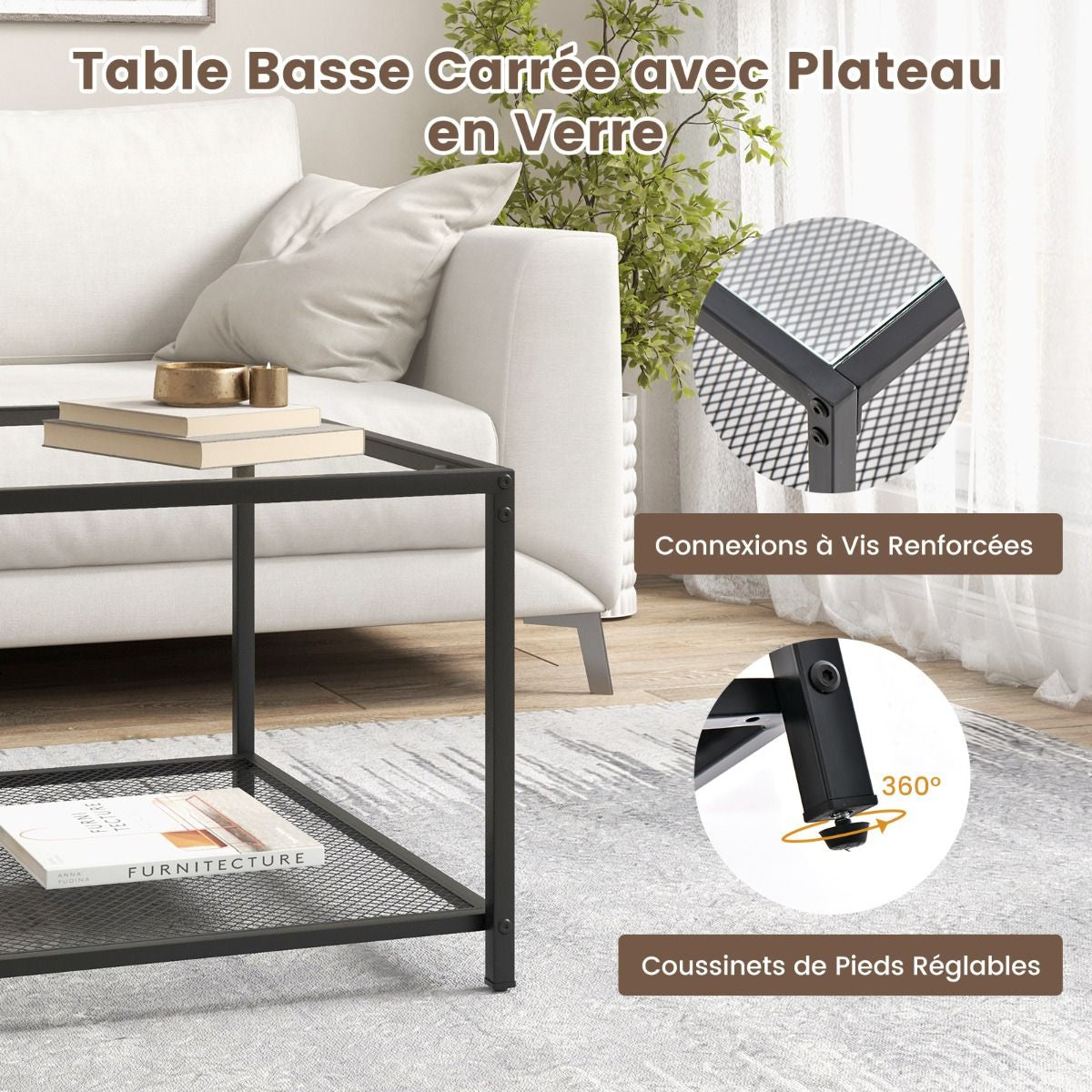 Table Basse Carrée En Verre Trempé 2 Niveaux Étagère En Maille Cadre En Métal Pieds Réglables Gris/Transparent