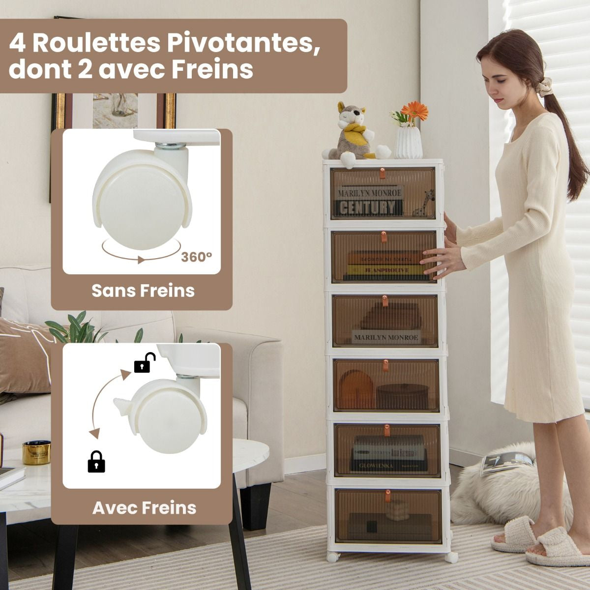 Boîte De Rangement De Chaussures Pliable 6 Niveaux Portes Transparentes Magnétiques Roues Universelles Verrouillables Pour Baskets Jouets Blanc