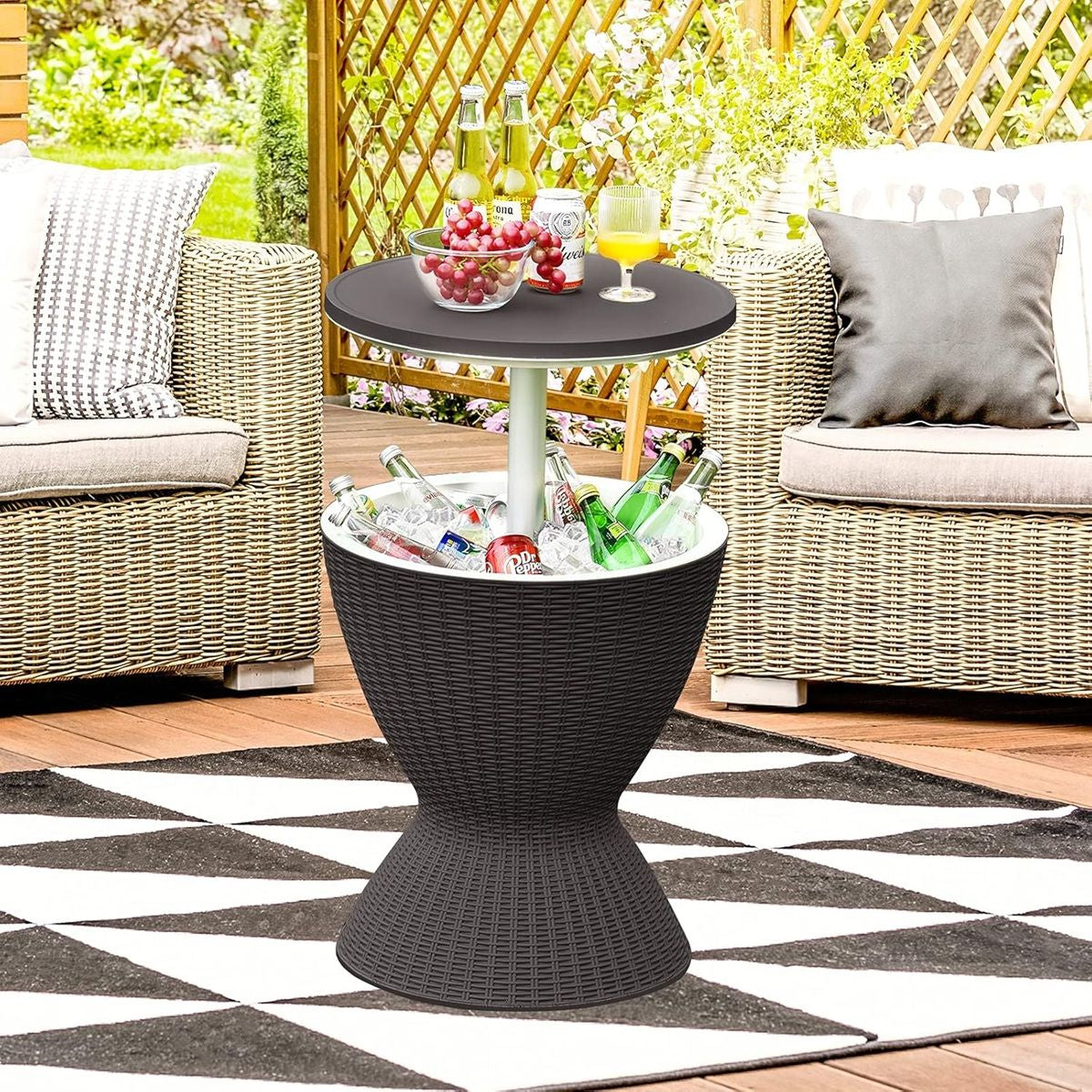Seau À Glace 2 En 1 Table Basse 30L Avec Plateau Relevable Ø 43 X 57,5-82H Cm Imitation Rotin Marron/Noir