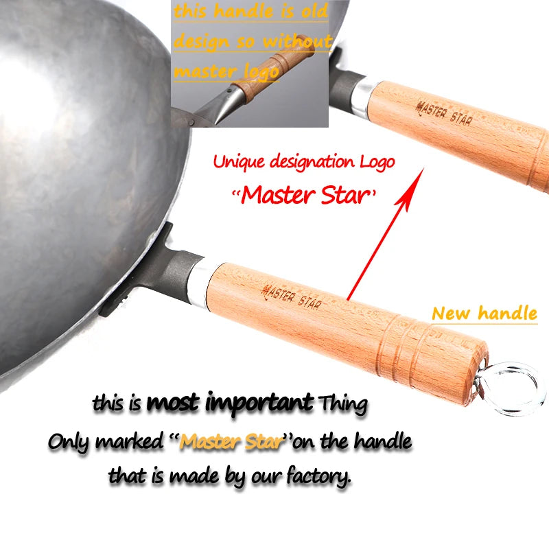 Wok en acier au carbone chinois avec marteau à l’oreille fait à la main, grand wok en fer, antiadhésif, non-Coating, batterie de cuisine au gaz saine