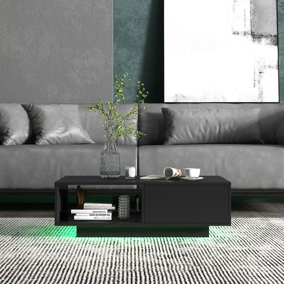 Table Basse Contemporain Avec Lumières LED 20 Couleurs 95X55X31 CM Table De Salon Avec Grand Tiroir Et Compartiment Blanc/Noir