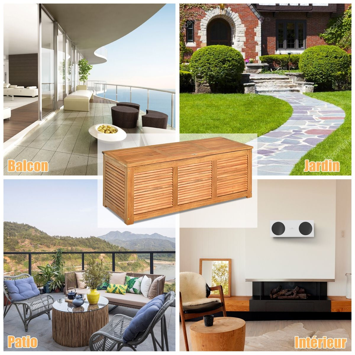 Malle En Bois D’Acacia Coffre Boîte De Rangement 120 X 45 X 45 Cm Charge Max 150KG Pour Terrasse Jardin Ou Cour Nature