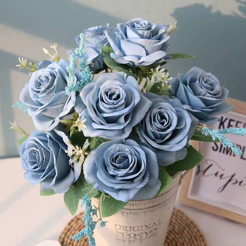 Artificial Blue Roses Flowers Silk Rose Flower Bouquet Artificial Flowers Home Garden Decoration Wedding Roses Fake Flowers