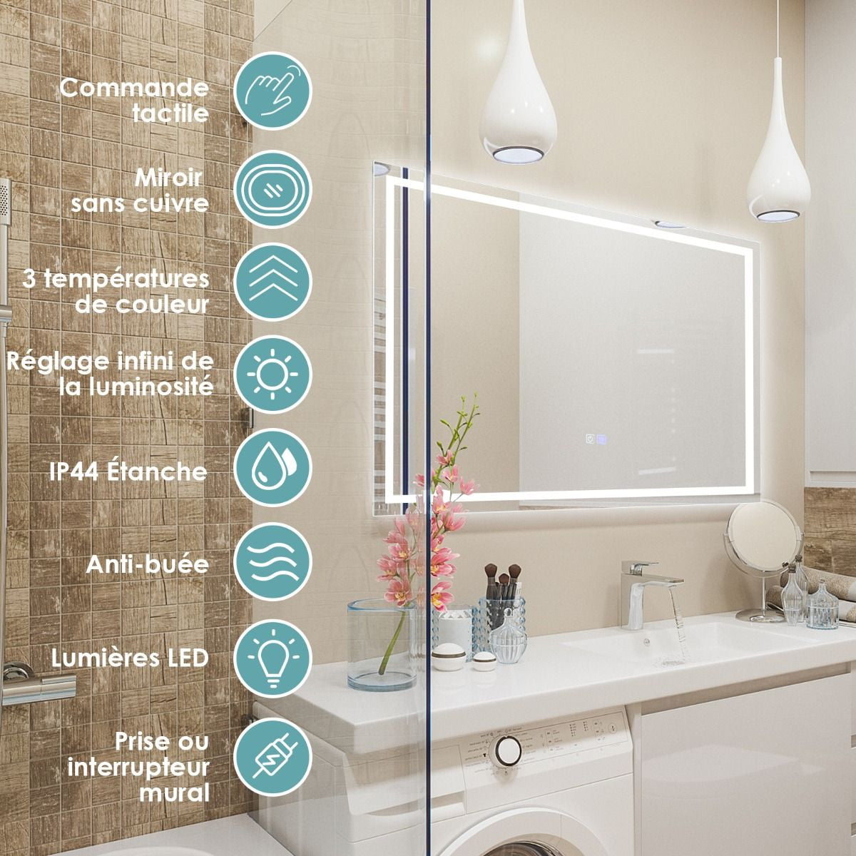 Miroir De Salle De Bain LED 80 X 60 Cm Avec 3 Eclairages Interrupteur Tactile Et Fonction Anti-Buée