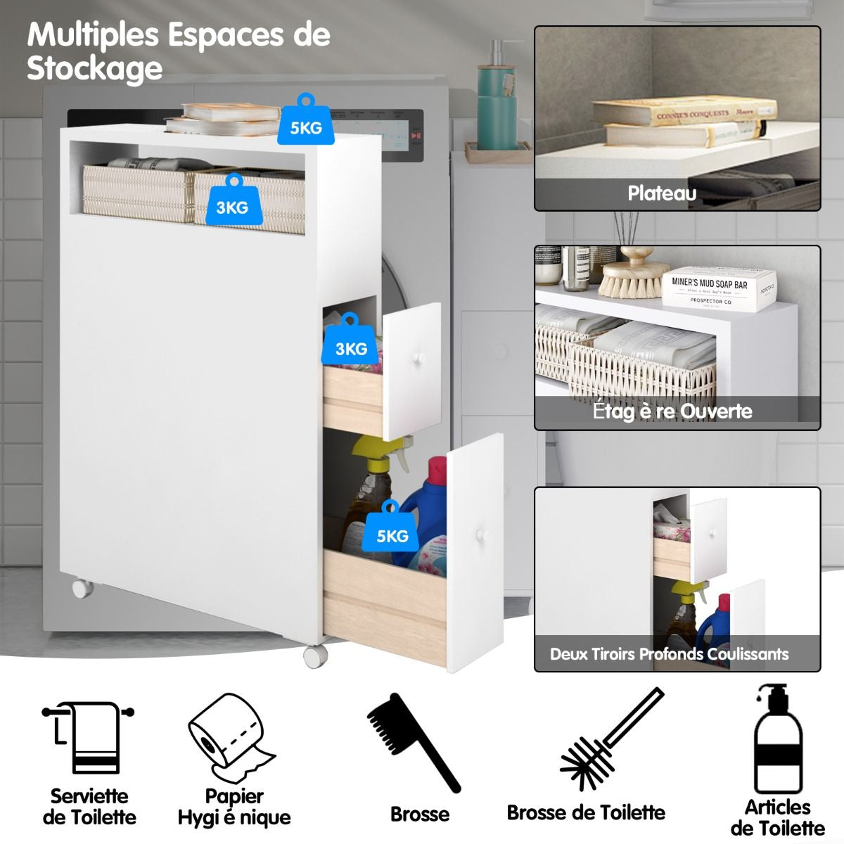 Placard De Salle De Bain Étroit Meuble De Rangement En Bois Avec Tiroirs Coulissants Profonds Paniers En Osier Et Porte-Brosse Blanc/Noir