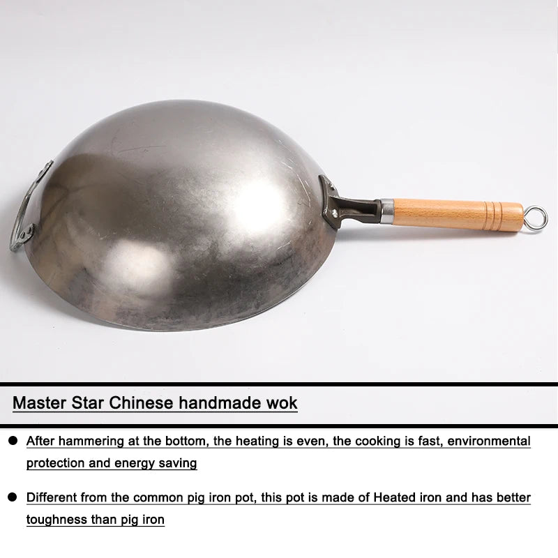 Wok en acier au carbone chinois avec marteau à l’oreille fait à la main, grand wok en fer, antiadhésif, non-Coating, batterie de cuisine au gaz saine