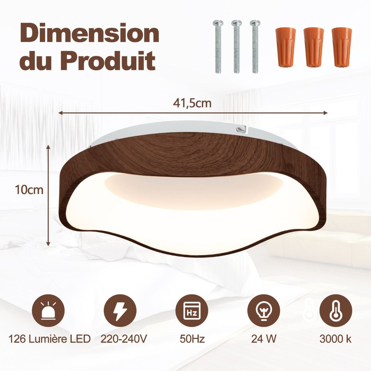 Plafonnier LED Luminaire Moderne 24 W Avec Motif En Bois Cadre En Métal Lustre À Éclairage LED 3000 K Lumière Chaude Plafonnier LED Marron
