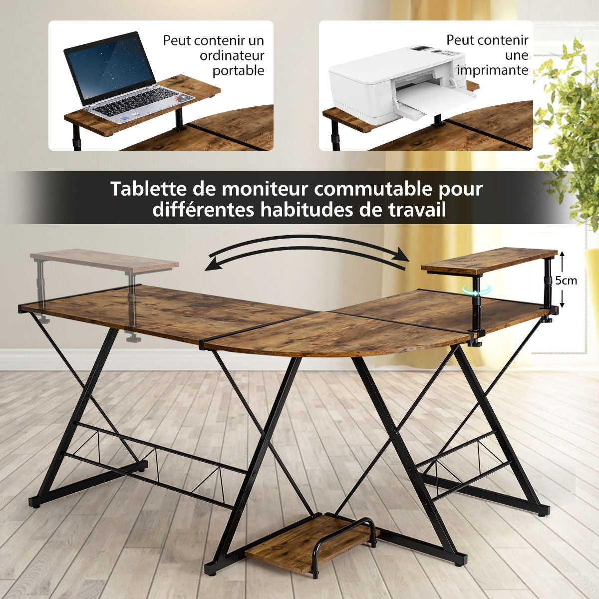 Bureau D'Angle En Forme L Détachable Avec Support Pour Moniteur 147X112X79Cm Noyer/Noir/Antique