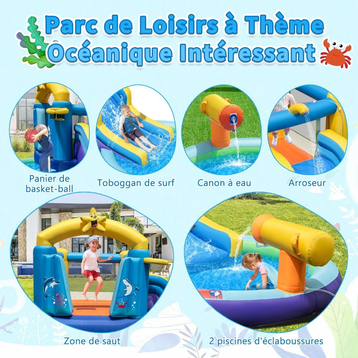 Château Gonflable Océan 6 En 1 Avec Souffleur 680W Toboggan Aquatique & 2 Piscines Maison De Rebond Gonflable Charge 90Kg