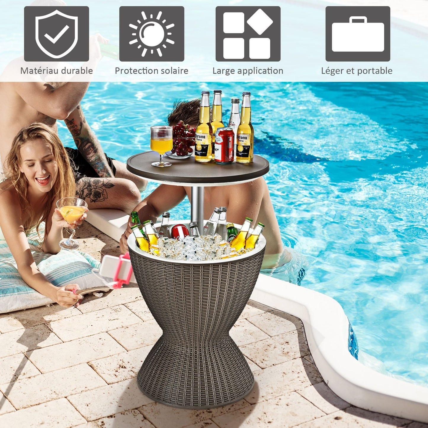 Seau À Glace 2 En 1 Table Basse 30L Avec Plateau Relevable Ø 43 X 57,5-82H Cm Imitation Rotin Marron/Noir