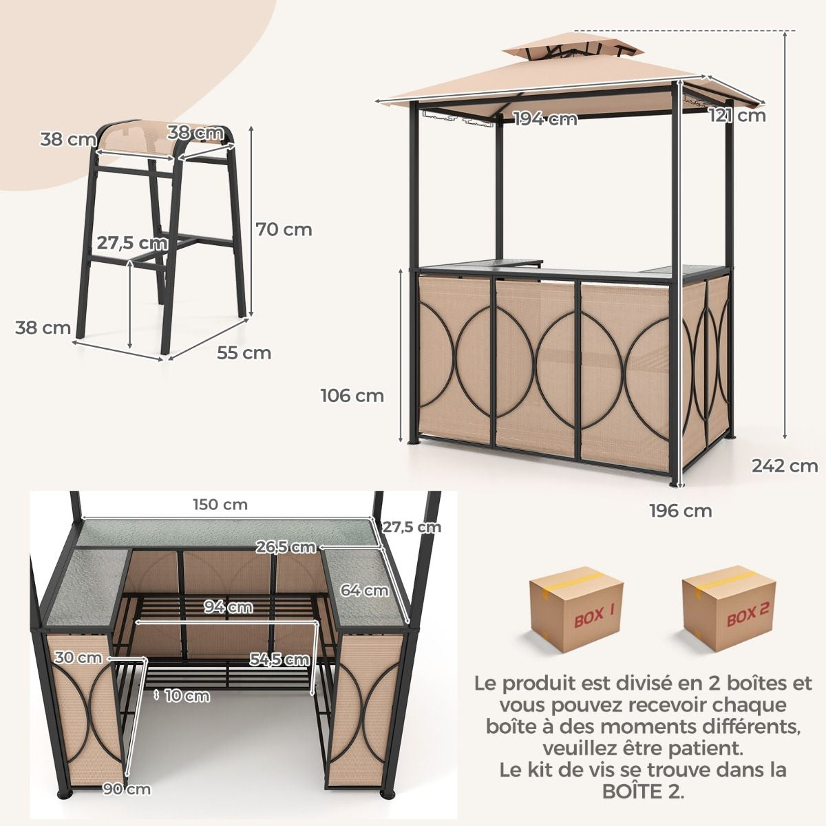 Tonnelle De Barbecue 3 Pcs Avec 2 Tabourets De Bar Abri Barbecue Avec Plateau En Verre Trempé Étagères En Métal 194X121X242Cm Gris/Marron