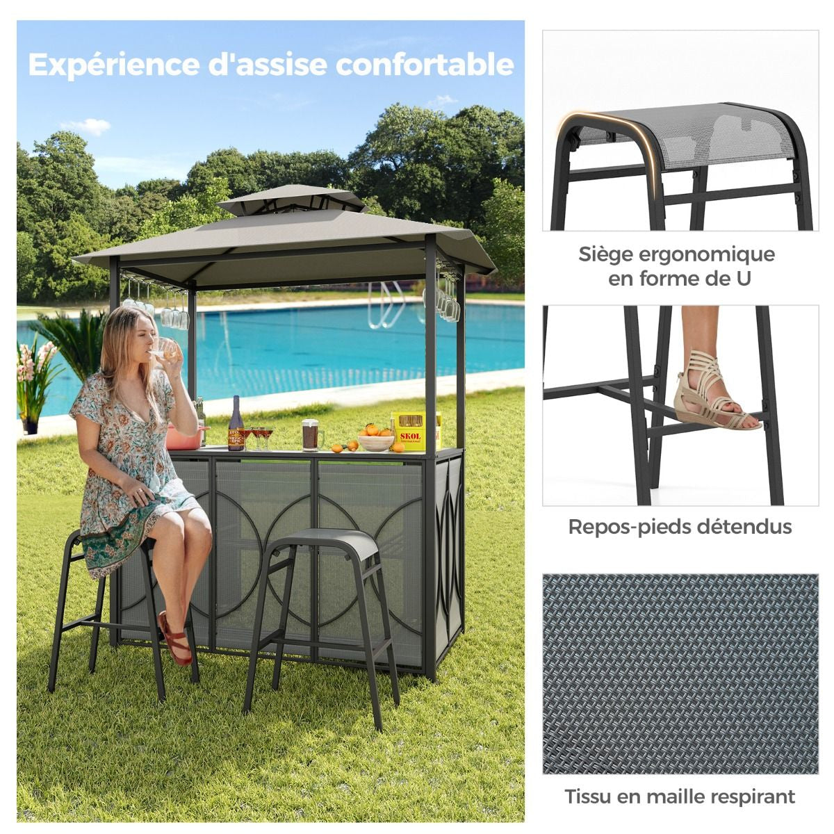 Tonnelle De Barbecue 3 Pcs Avec 2 Tabourets De Bar Abri Barbecue Avec Plateau En Verre Trempé Étagères En Métal 194X121X242Cm Gris/Marron