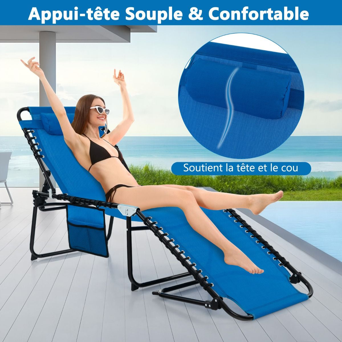 Chaise Longue Pliante Avec Appuie-Tête Amovible Dossier Réglable À 4 Positions Acier Antirouille Pour Camping Terrasse Noir/Bleu/Gris
