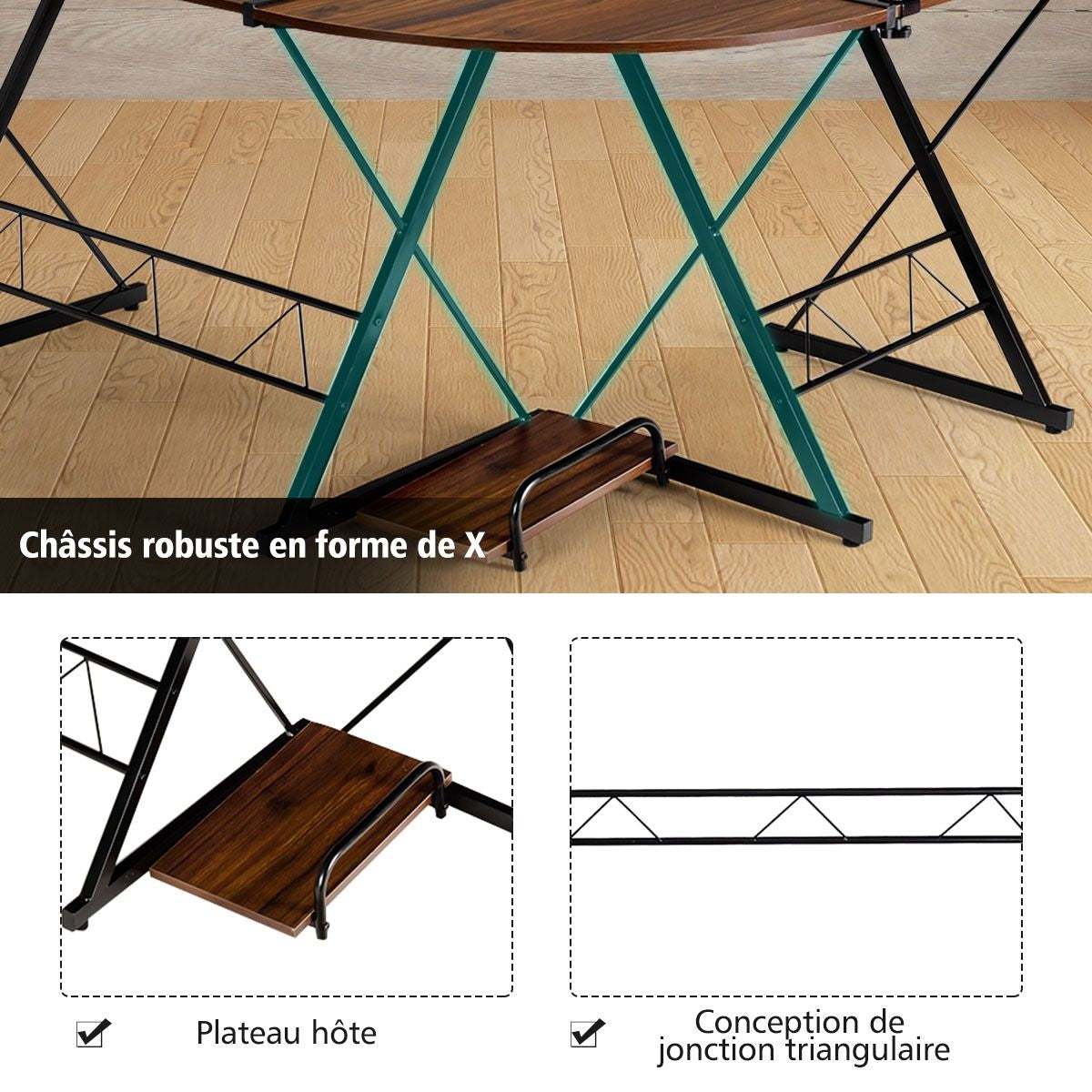 Bureau D'Angle En Forme L Détachable Avec Support Pour Moniteur 147X112X79Cm Noyer/Noir/Antique