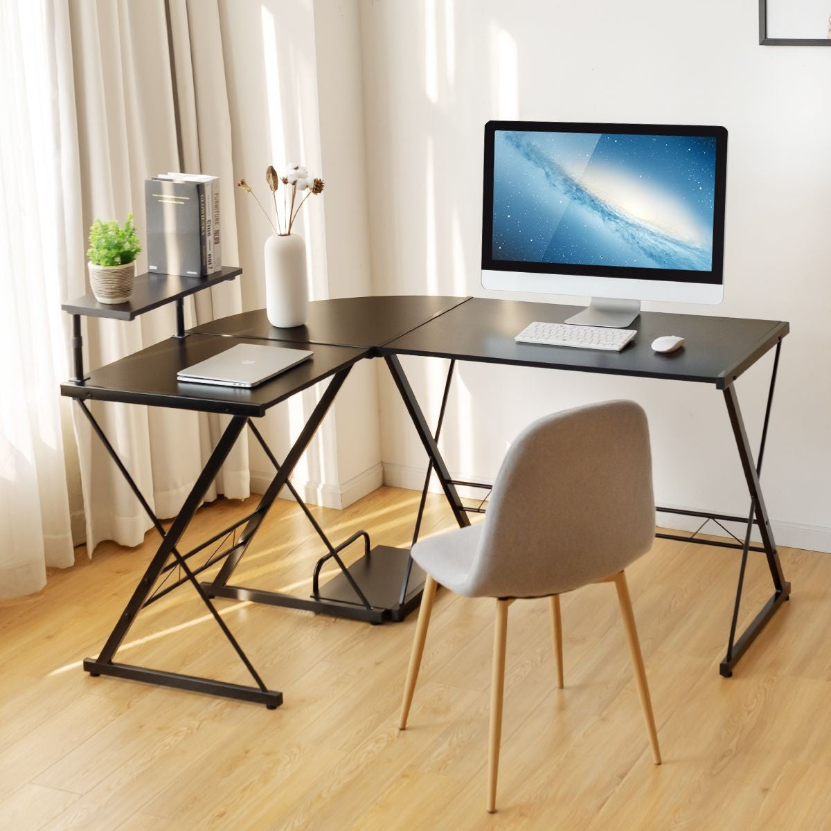 Bureau D'Angle En Forme L Détachable Avec Support Pour Moniteur 147X112X79Cm Noyer/Noir/Antique