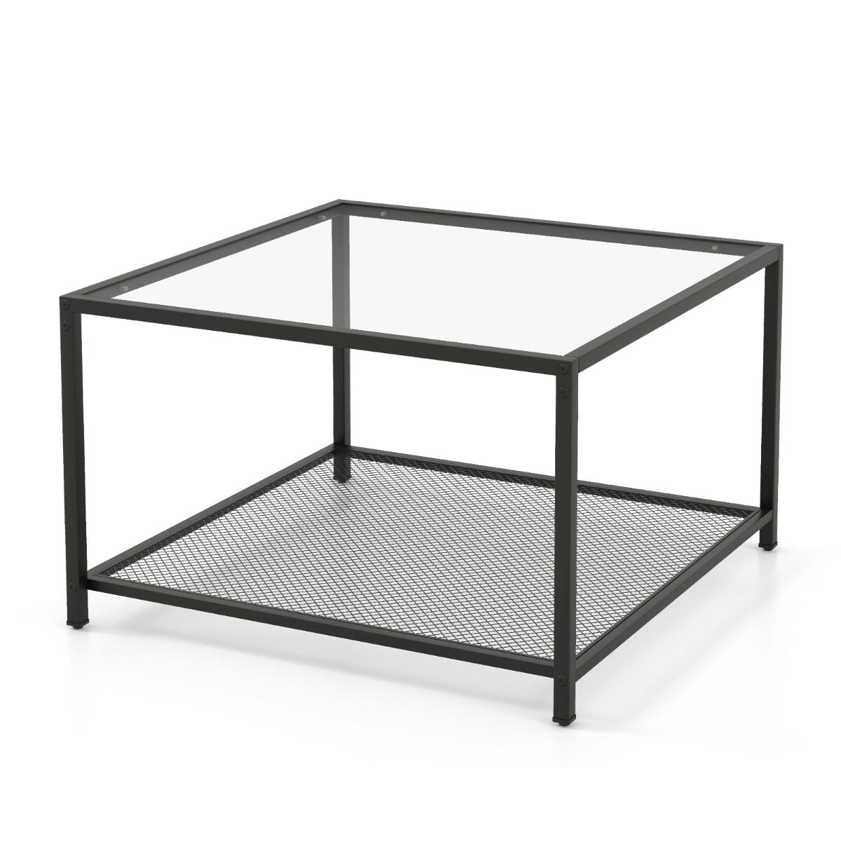 Table Basse Carrée En Verre Trempé 2 Niveaux Étagère En Maille Cadre En Métal Pieds Réglables Gris/Transparent