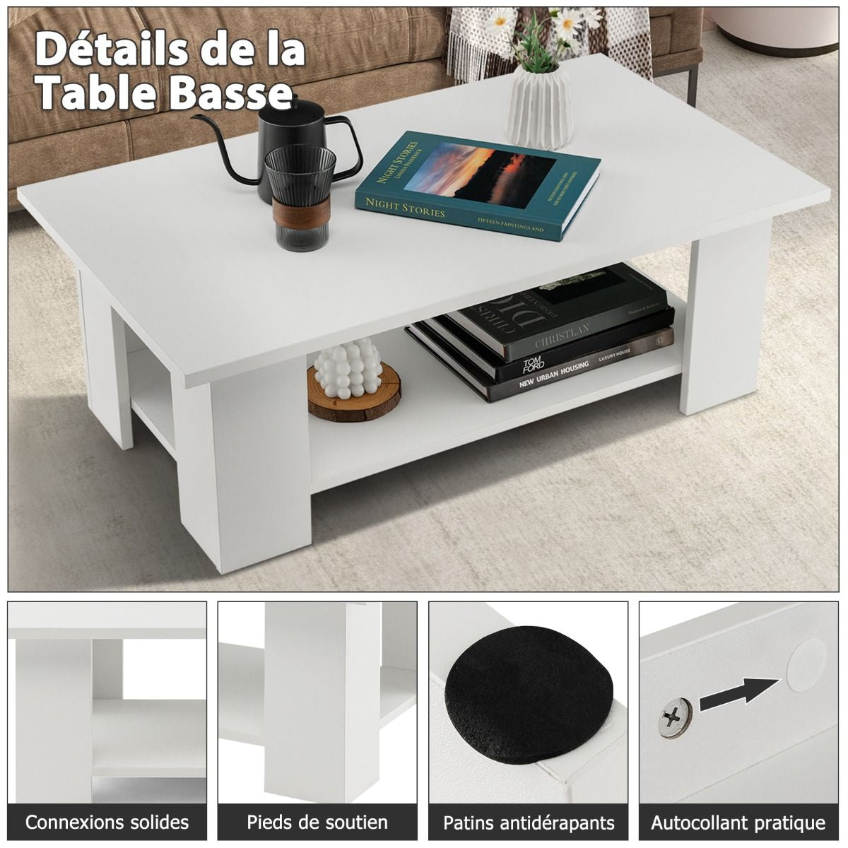 Table Basse En Bois À 2 Niveaux Avec Etagère Ouverte Style Moderne Pour Salon Chambre 90 X 52 X 32 Cm Blanc