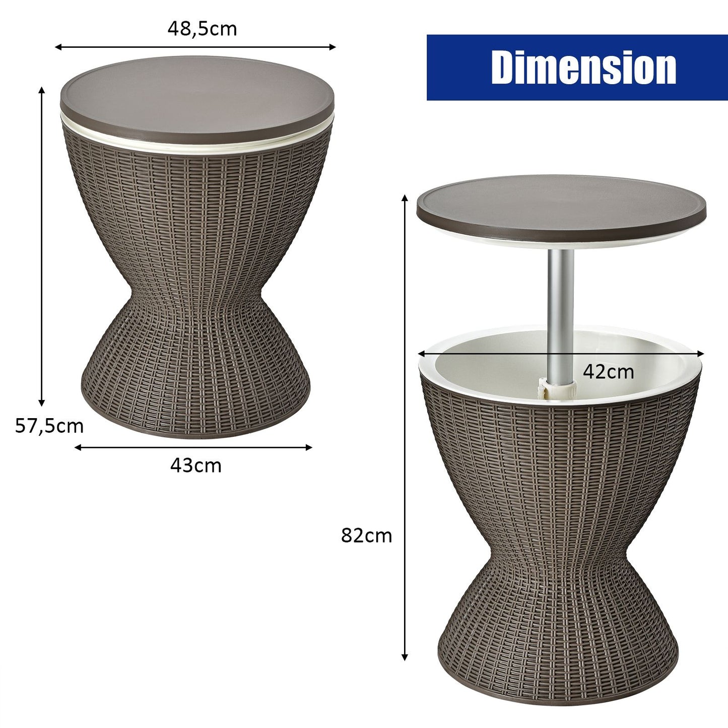 Seau À Glace 2 En 1 Table Basse 30L Avec Plateau Relevable Ø 43 X 57,5-82H Cm Imitation Rotin Marron/Noir