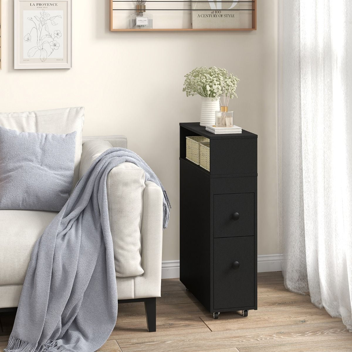 Placard De Salle De Bain Étroit Meuble De Rangement En Bois Avec Tiroirs Coulissants Profonds Paniers En Osier Et Porte-Brosse Blanc/Noir