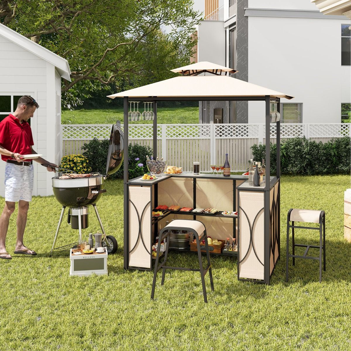 Tonnelle De Barbecue 3 Pcs Avec 2 Tabourets De Bar Abri Barbecue Avec Plateau En Verre Trempé Étagères En Métal 194X121X242Cm Gris/Marron