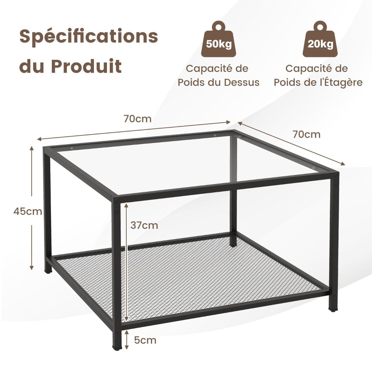 Table Basse Carrée En Verre Trempé 2 Niveaux Étagère En Maille Cadre En Métal Pieds Réglables Gris/Transparent
