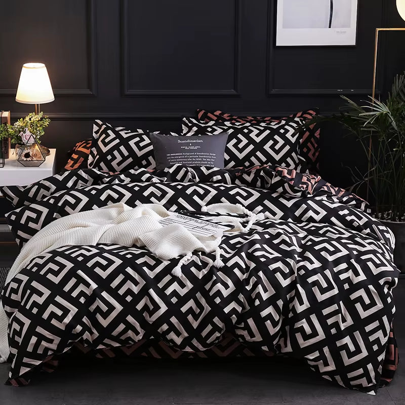 Ensemble de literie de luxe noir, lit Queen King simple, grande taille, en polyester, housse de couette, ensemble plaid moderne oiseau avec taie d’oreiller