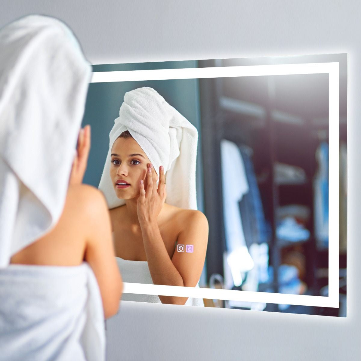 Miroir De Salle De Bain LED 80 X 60 Cm Avec 3 Eclairages Interrupteur Tactile Et Fonction Anti-Buée