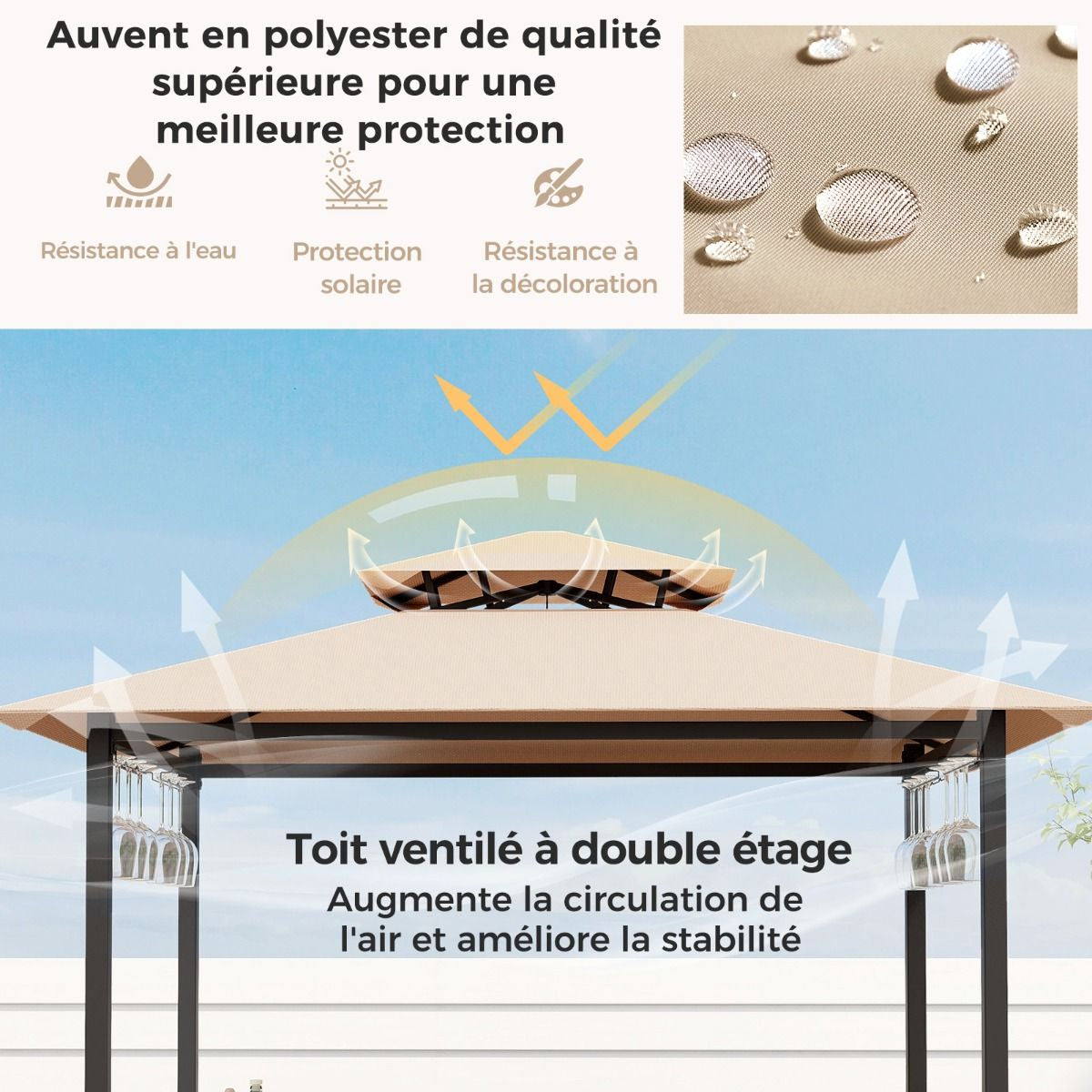 Tonnelle De Barbecue 3 Pcs Avec 2 Tabourets De Bar Abri Barbecue Avec Plateau En Verre Trempé Étagères En Métal 194X121X242Cm Gris/Marron