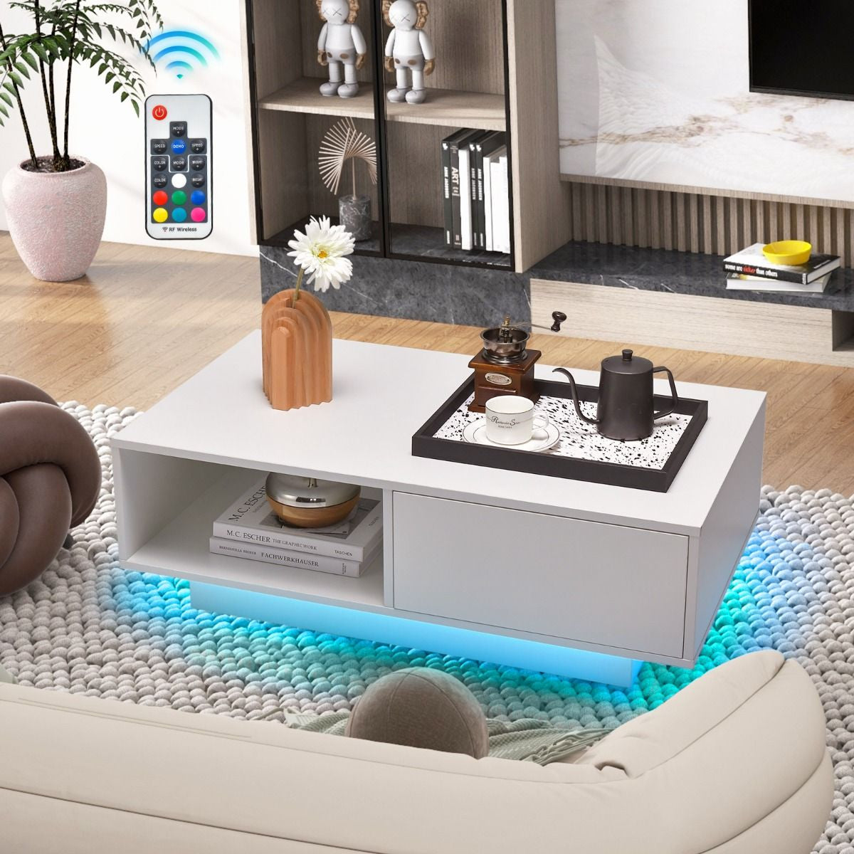 Table Basse Contemporain Avec Lumières LED 20 Couleurs 95X55X31 CM Table De Salon Avec Grand Tiroir Et Compartiment Blanc/Noir