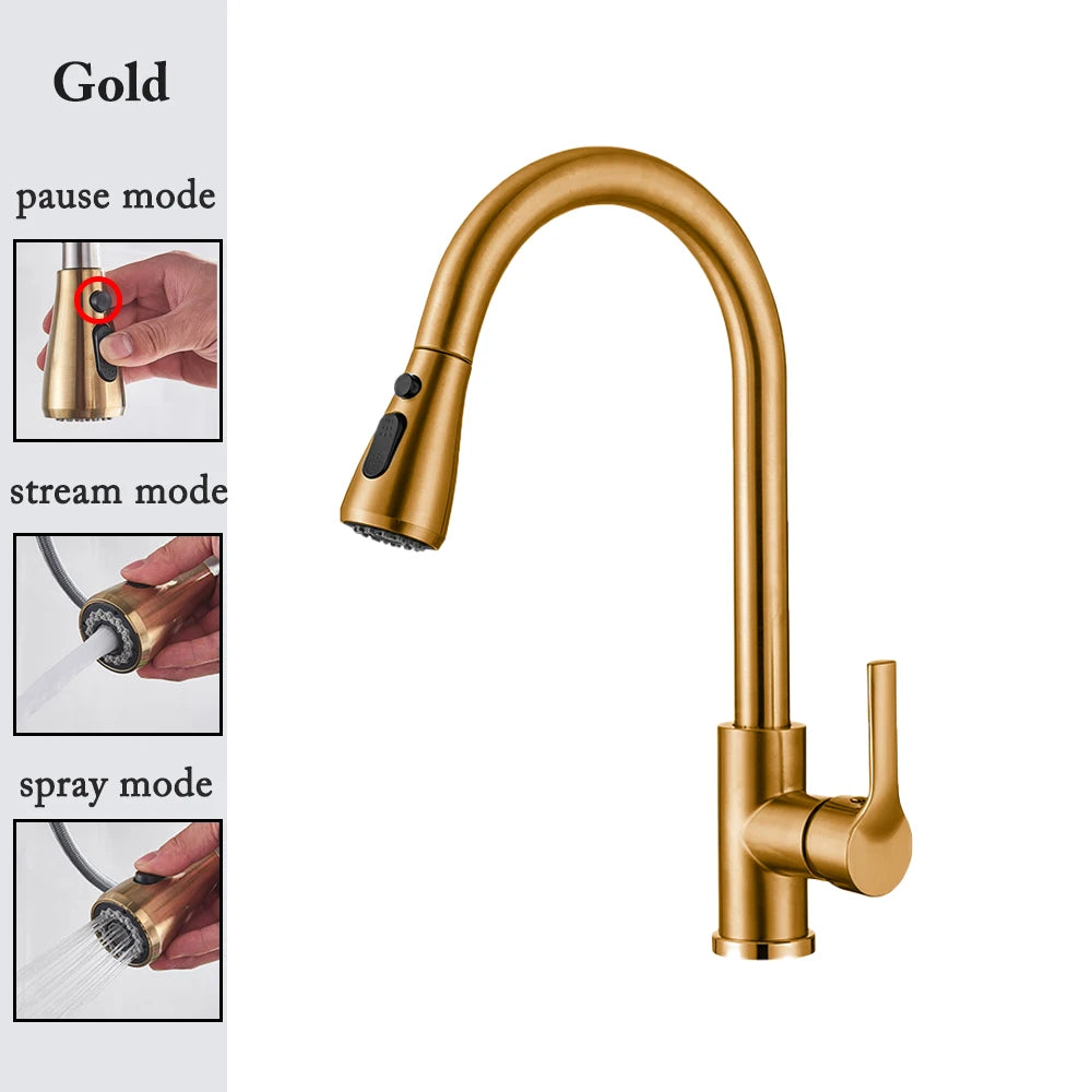 Robinet de cuisine noir Robinet de cuisine à tirer Mitigeur d’évier de cuisine Robinet brossé Nickle Stream Pulvérisateur Tête Chrome Robinet d’eau de cuisine