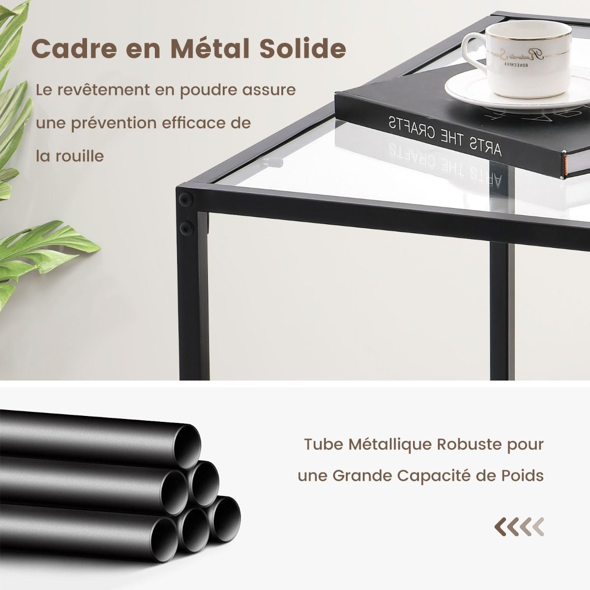 Table Basse Carrée En Verre Trempé 2 Niveaux Étagère En Maille Cadre En Métal Pieds Réglables Gris/Transparent