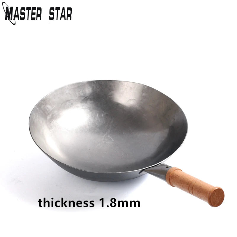 Wok en acier au carbone chinois avec marteau à l’oreille fait à la main, grand wok en fer, antiadhésif, non-Coating, batterie de cuisine au gaz saine