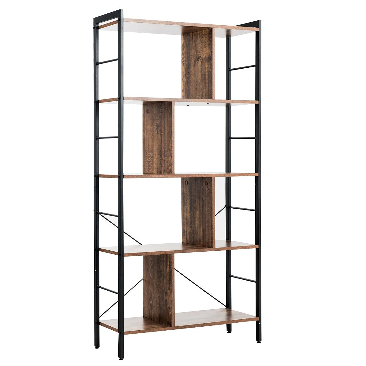 Bibliothèque À 5 Niveaux Style Industriel Etagère De Rangement Moderne Capacité 100 Kg En Acier 74X30X155Cm Brun