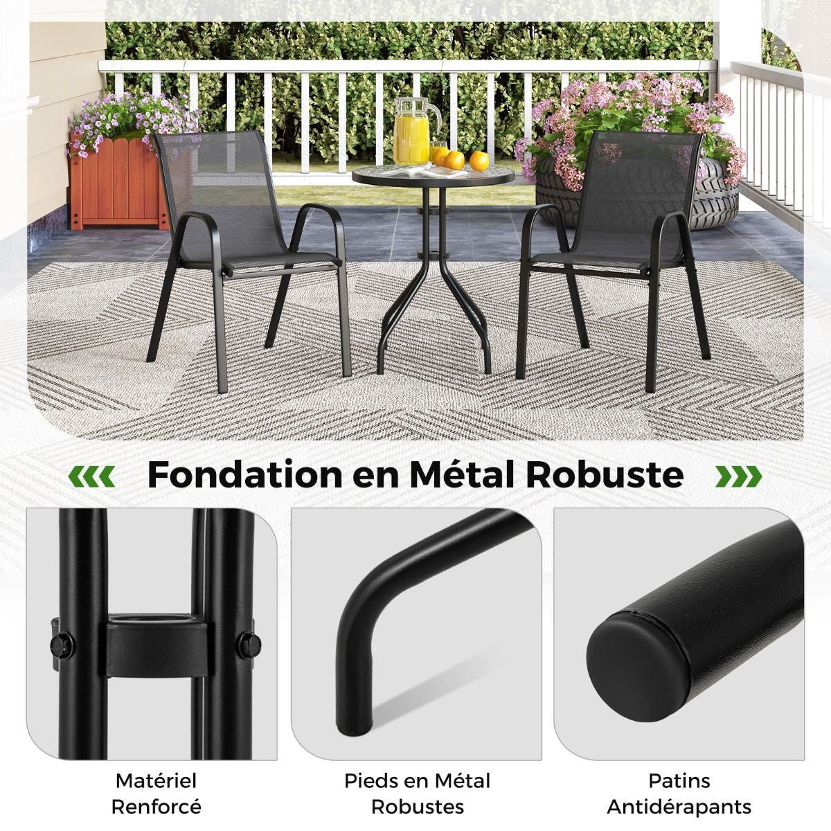 Ensemble De Jardin 3 Pièces 2 Fauteuils Ergonomiques Avec Table Basse En Verre Trempé Pour Jardin Balcon Terrasse Cour