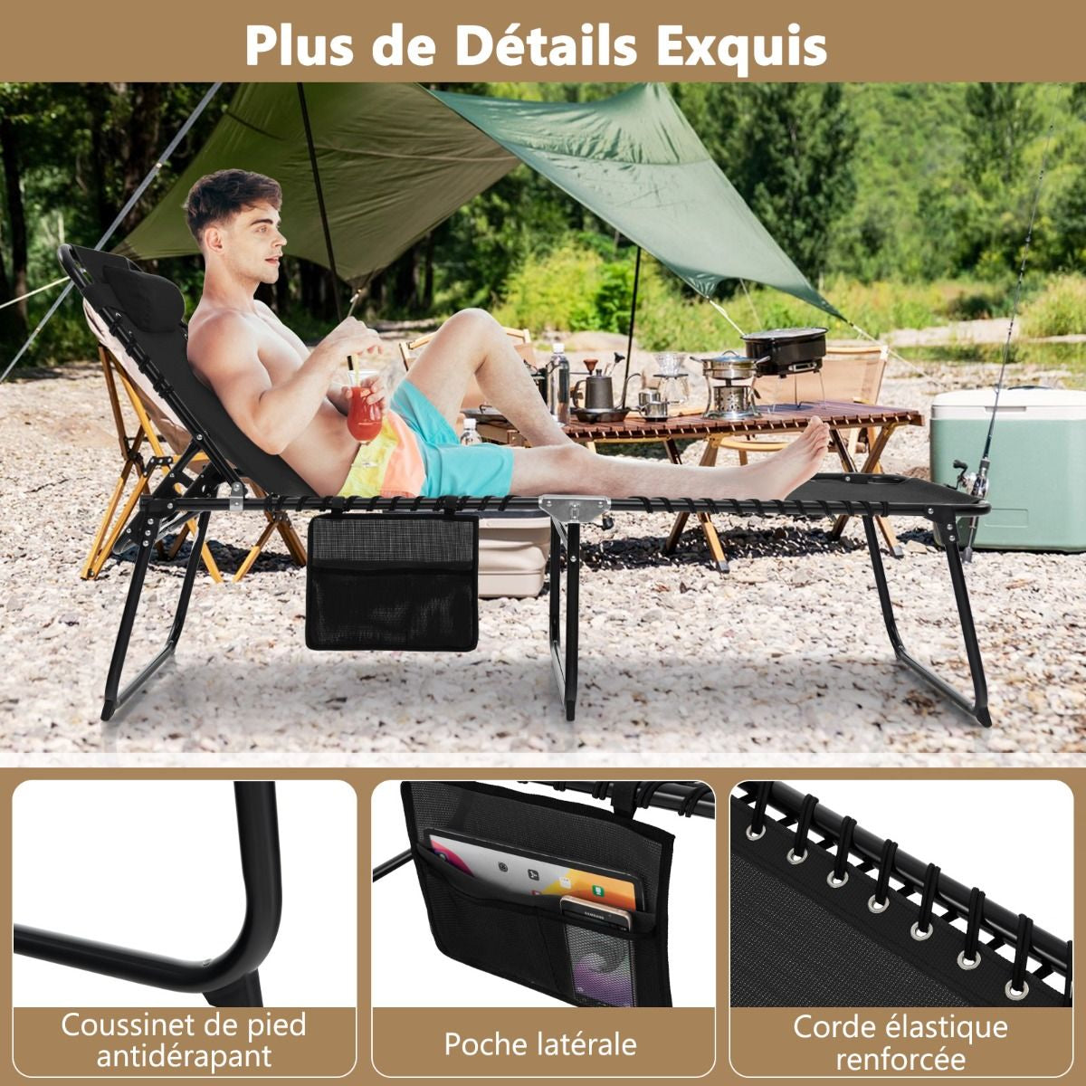 Chaise Longue Pliante Avec Appuie-Tête Amovible Dossier Réglable À 4 Positions Acier Antirouille Pour Camping Terrasse Noir/Bleu/Gris