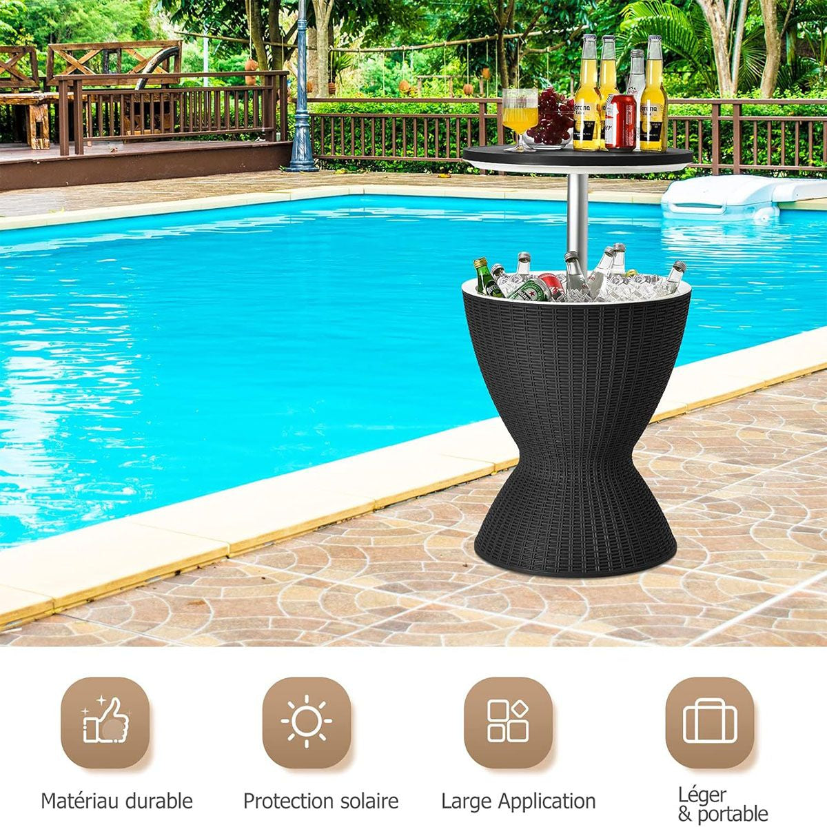 Seau À Glace 2 En 1 Table Basse 30L Avec Plateau Relevable Ø 43 X 57,5-82H Cm Imitation Rotin Marron/Noir