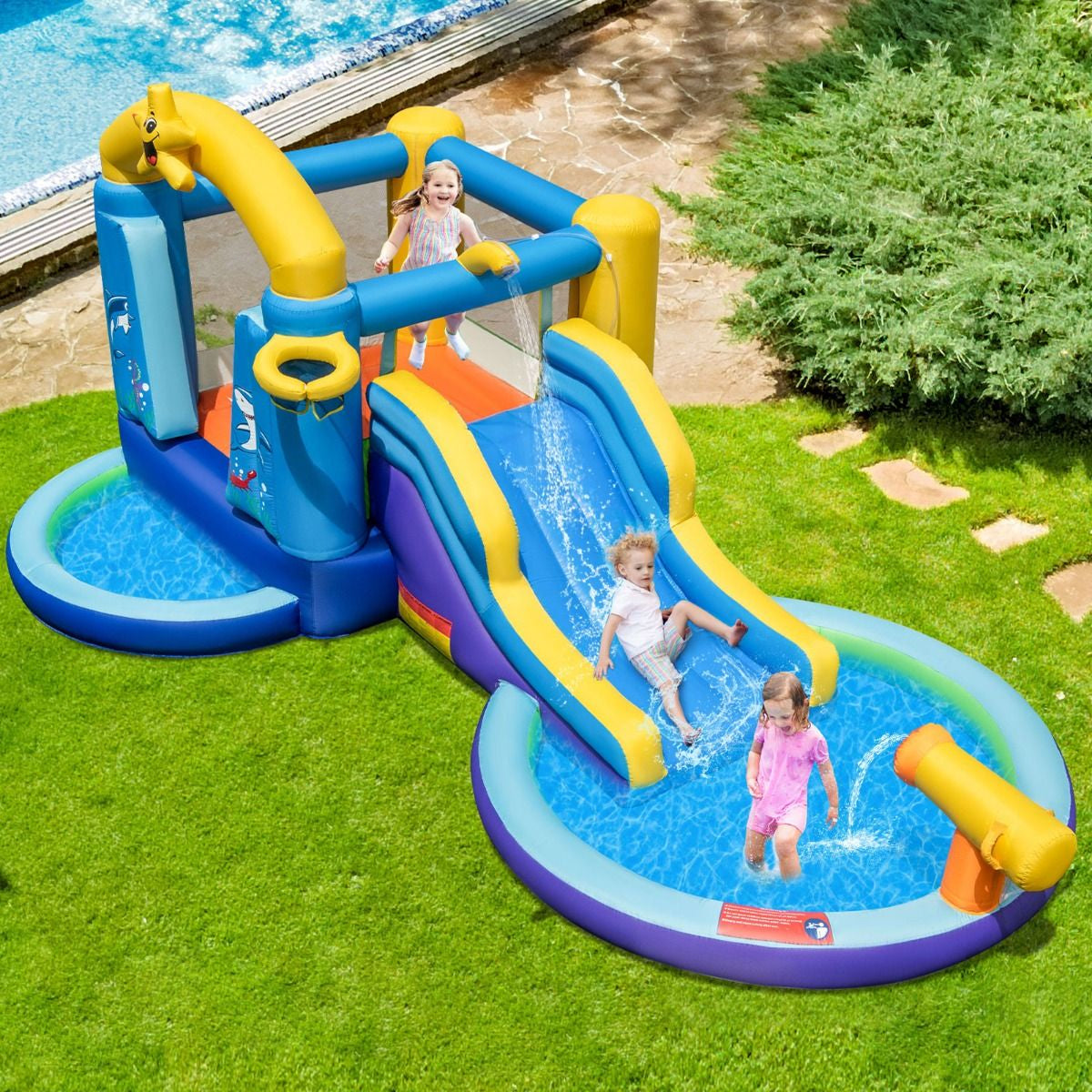 Château Gonflable Océan 6 En 1 Avec Souffleur 680W Toboggan Aquatique & 2 Piscines Maison De Rebond Gonflable Charge 90Kg