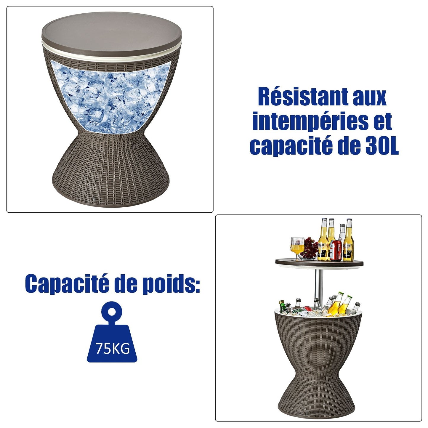 Seau À Glace 2 En 1 Table Basse 30L Avec Plateau Relevable Ø 43 X 57,5-82H Cm Imitation Rotin Marron/Noir