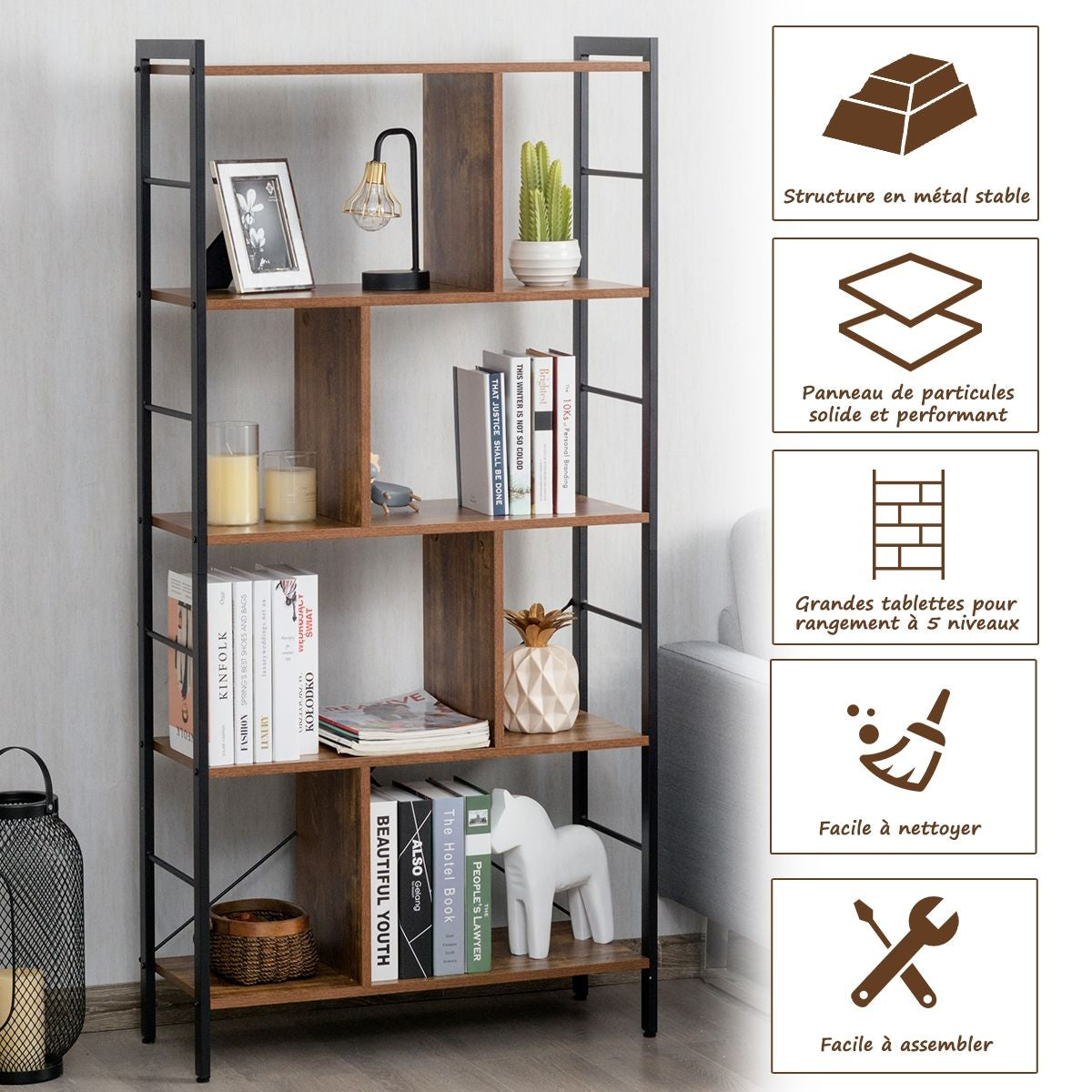 Bibliothèque À 5 Niveaux Style Industriel Etagère De Rangement Moderne Capacité 100 Kg En Acier 74X30X155Cm Brun