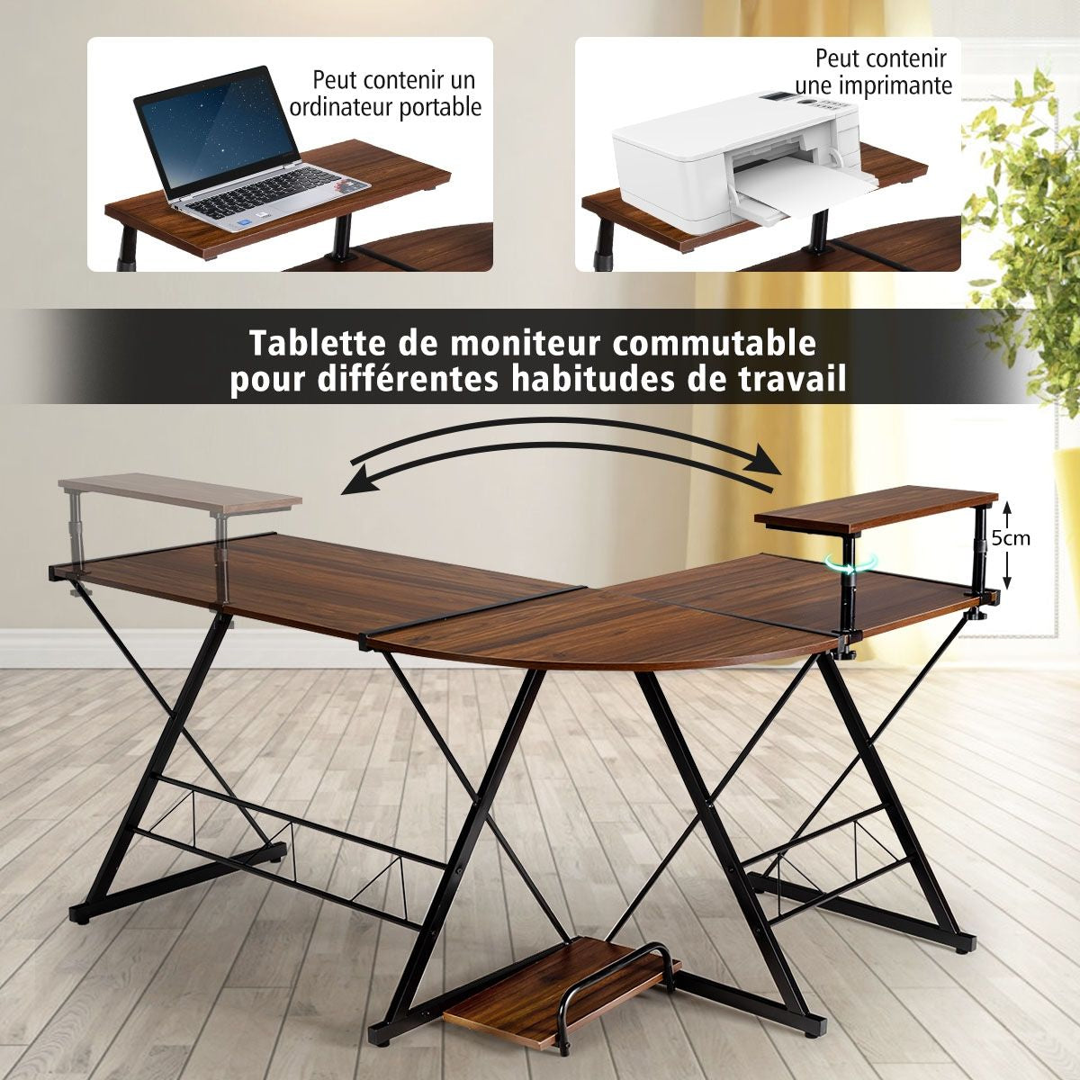 Bureau D'Angle En Forme L Détachable Avec Support Pour Moniteur 147X112X79Cm Noyer/Noir/Antique