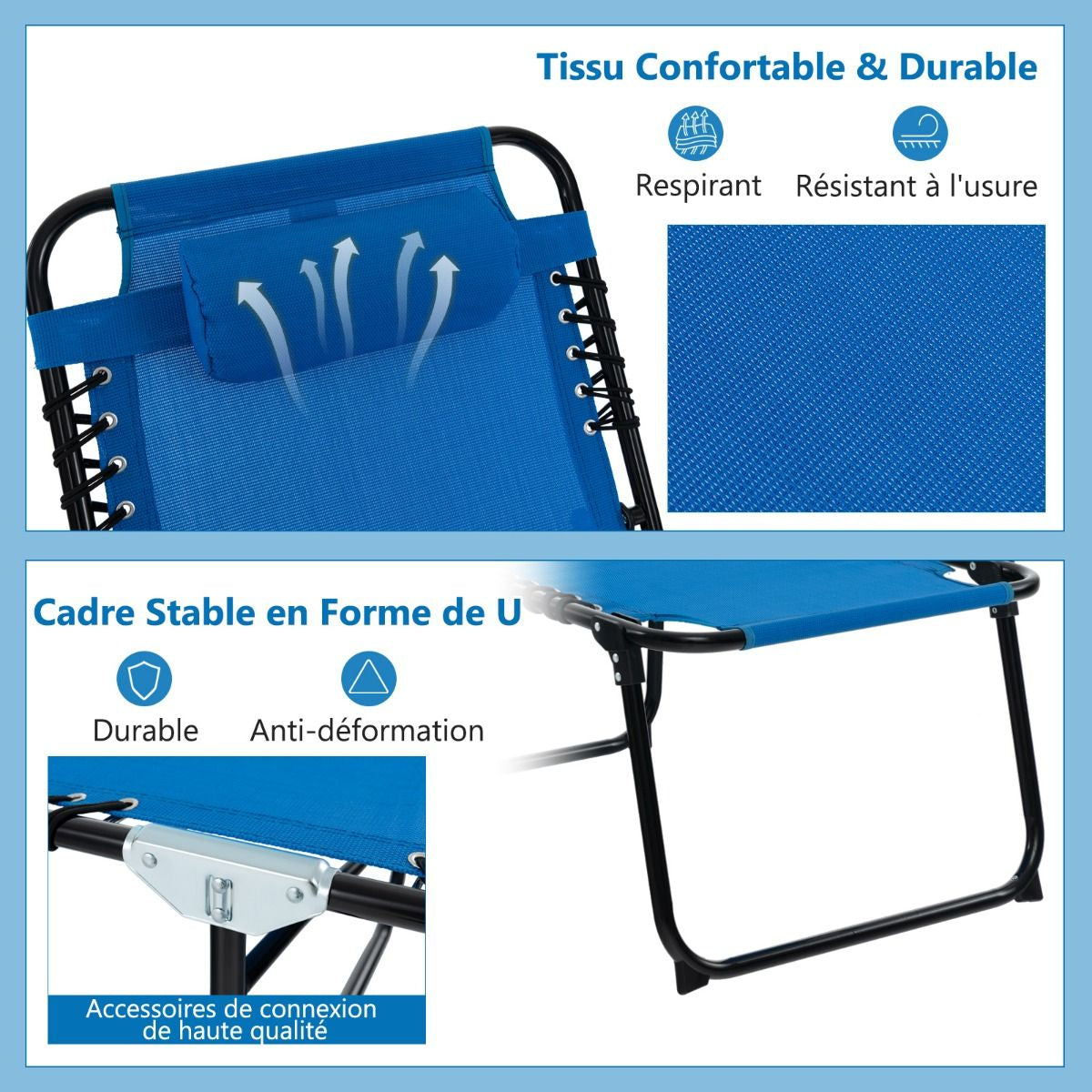 Chaise Longue Pliante Avec Appuie-Tête Amovible Dossier Réglable À 4 Positions Acier Antirouille Pour Camping Terrasse Noir/Bleu/Gris