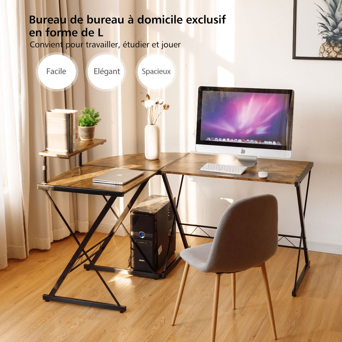 Bureau D'Angle En Forme L Détachable Avec Support Pour Moniteur 147X112X79Cm Noyer/Noir/Antique