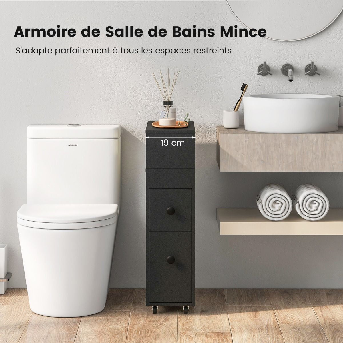 Placard De Salle De Bain Étroit Meuble De Rangement En Bois Avec Tiroirs Coulissants Profonds Paniers En Osier Et Porte-Brosse Blanc/Noir
