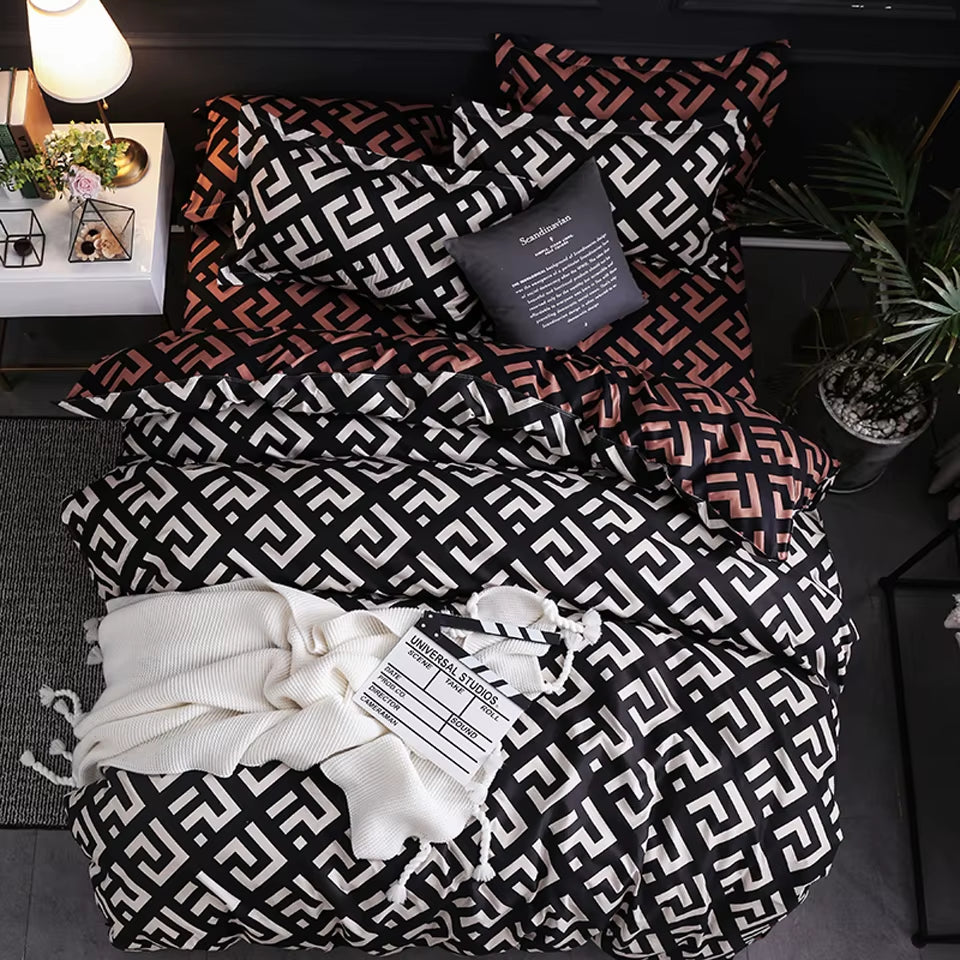 Ensemble de literie de luxe noir, lit Queen King simple, grande taille, en polyester, housse de couette, ensemble plaid moderne oiseau avec taie d’oreiller