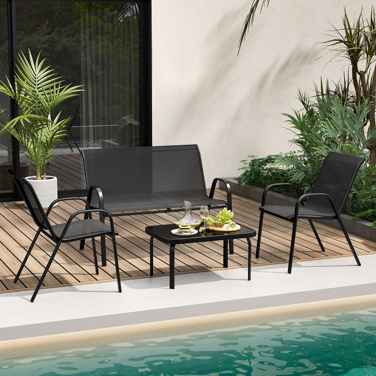 Ensemble Salon De Jardin 4 Pièces 2 Fauteuils 1 Canapé 1 Table Basse En Verre Pour Terrasse Piscine Patio Balcon Gris
