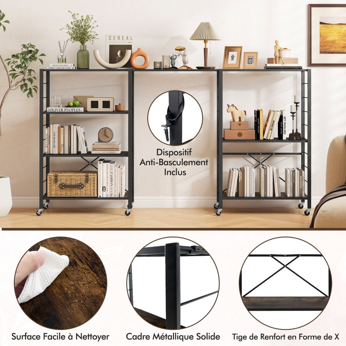 Étagère De Rangement Pliable À 4 Niveaux Étagère Réglable Avec Roues Verrouillables Unité De Rangement Domestique Organisateur De Rangement Noir