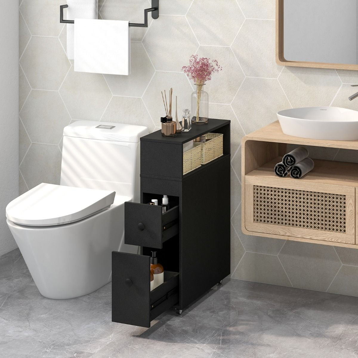 Placard De Salle De Bain Étroit Meuble De Rangement En Bois Avec Tiroirs Coulissants Profonds Paniers En Osier Et Porte-Brosse Blanc/Noir