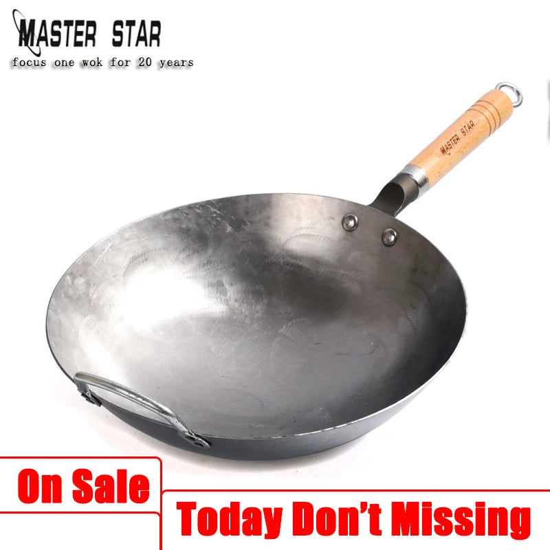 Wok en acier au carbone chinois avec marteau à l’oreille fait à la main, grand wok en fer, antiadhésif, non-Coating, batterie de cuisine au gaz saine