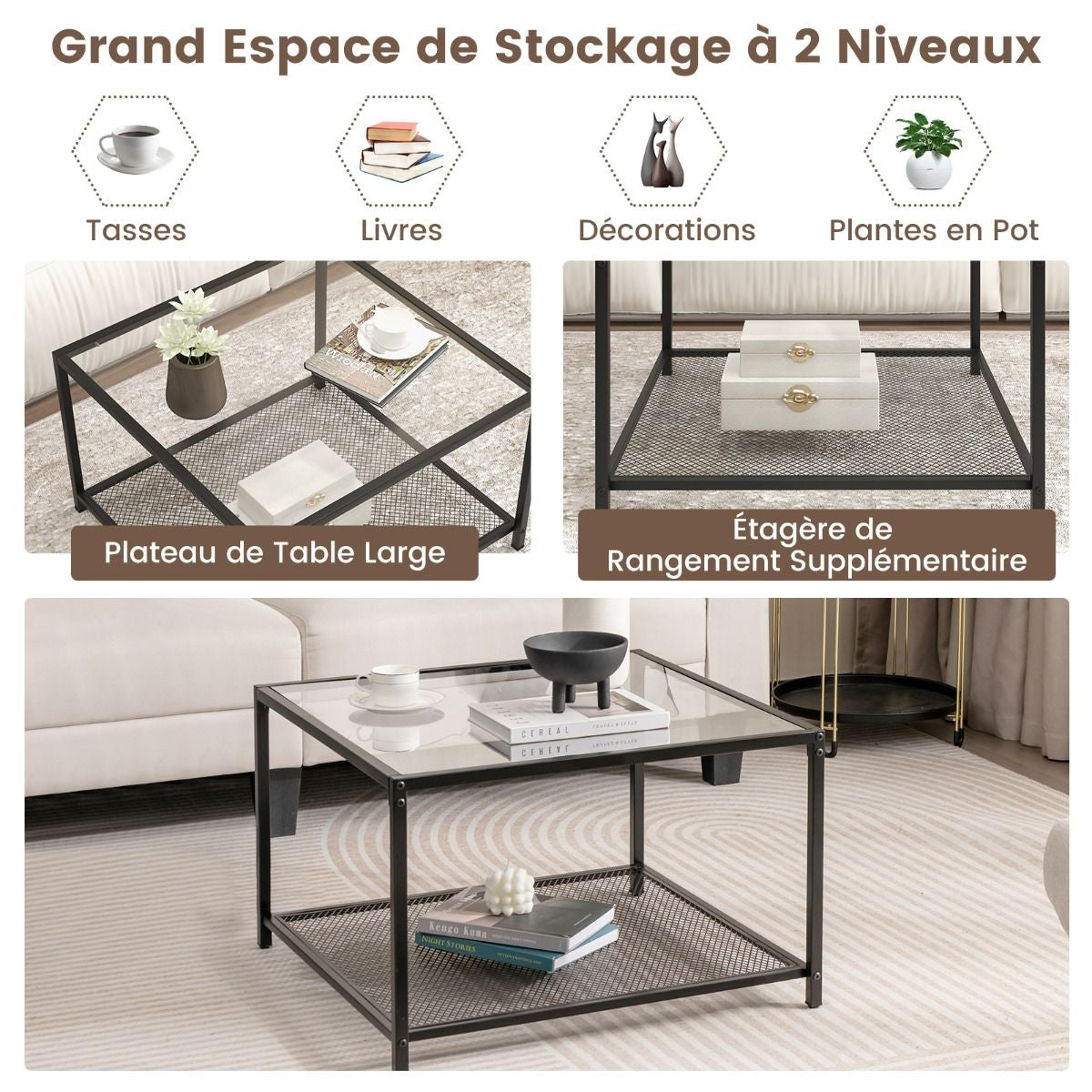 Table Basse Carrée En Verre Trempé 2 Niveaux Étagère En Maille Cadre En Métal Pieds Réglables Gris/Transparent