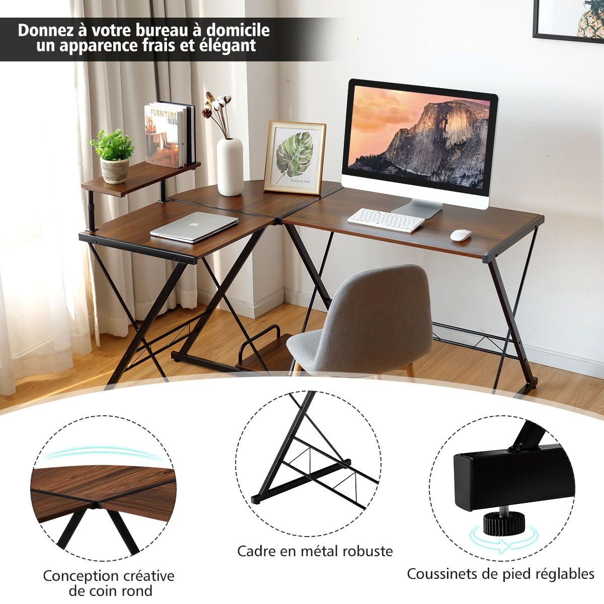 Bureau D'Angle En Forme L Détachable Avec Support Pour Moniteur 147X112X79Cm Noyer/Noir/Antique
